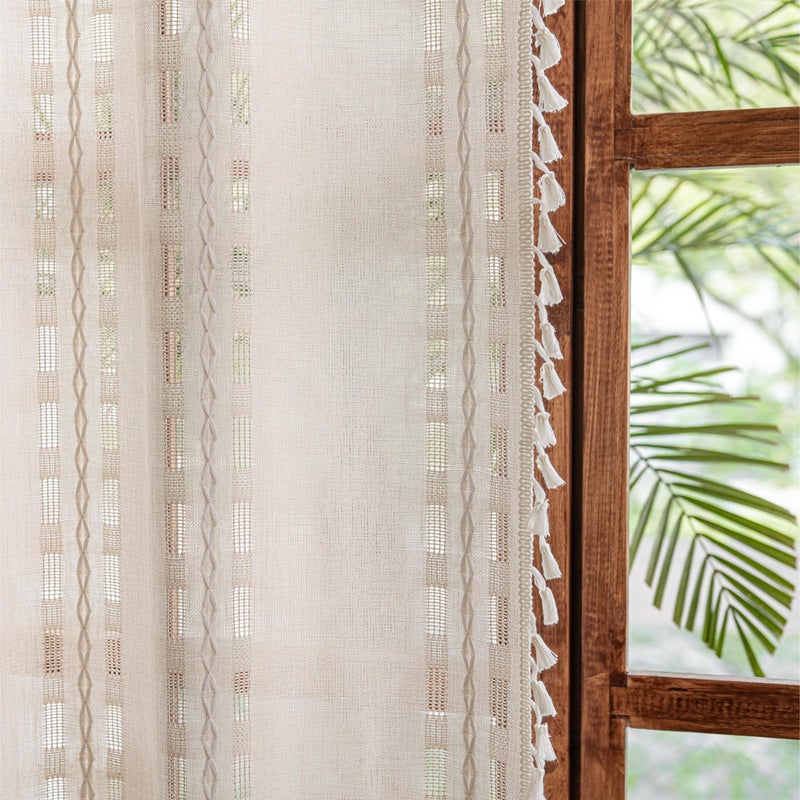 Sutuo Home Natural Boho Curtains for Bedroom Living Room 84 inches Long,Light Filtering Privacy Farmhouse Hollow Vintage Chic Tassels Window Treatment Bohemian Drape Rod Pocket 1 Panel 52" W x 84" L - Image 1