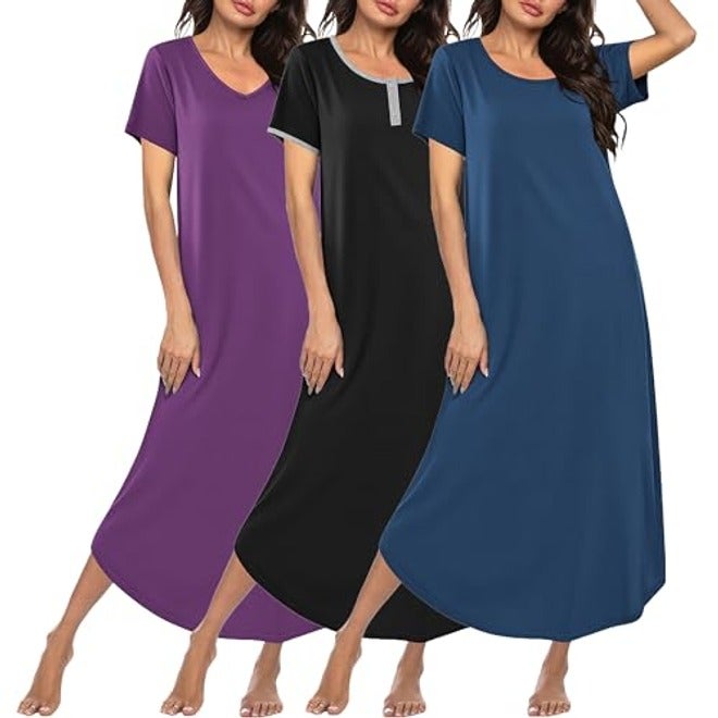 Ekouaer Women's 3-Pack Long Nightgowns Plus Size Soft Moo Moo Sleepwear Short Sleeve House Dress