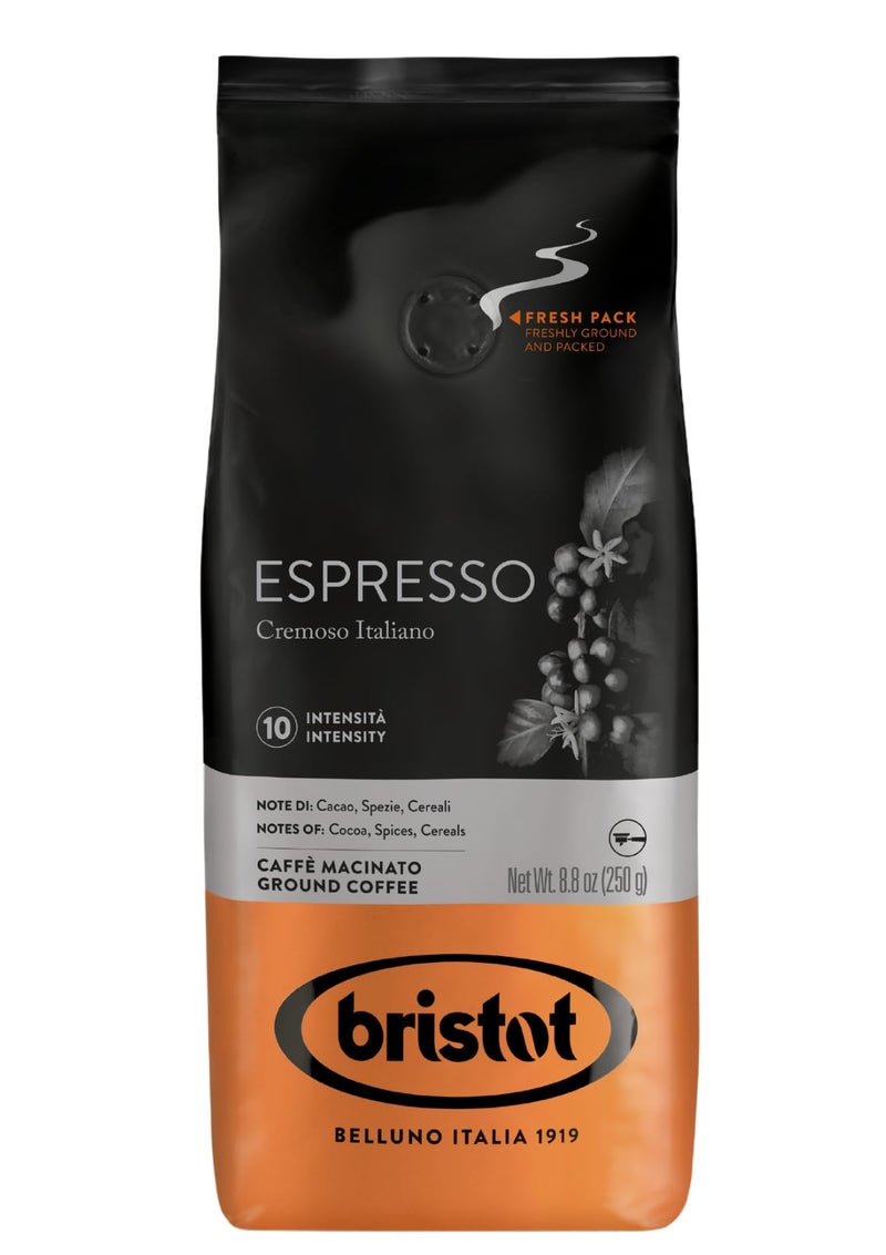 Bristot قهوة إسبريسو كريمو إيطالي مطحونة من بريستوت - تحميص متوسط، غنية وسلسة - 8.8 أونصة (250 جرام) - إسبريسو مطحون إيطالي لآلات المنزل - Image 1