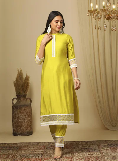 globus Globus Women Floral Yoke Design Regular Thread Work Kurta With Trousers
