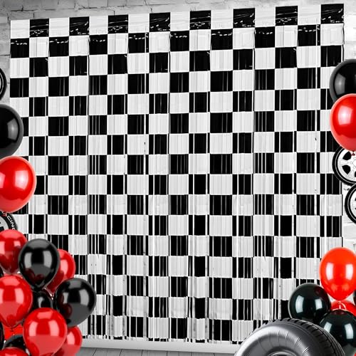 Riomhorry Birthday Party Streamers Decorations, Photo Booth Props Backdrops Decorations, Black and White Checkered Foil Fringe Decor Supplies for Race Car Theme Party - Image 1