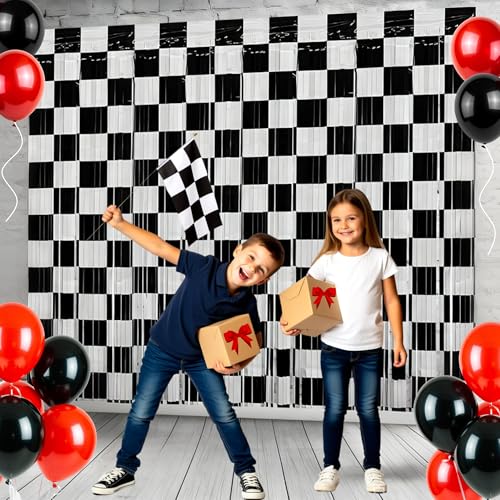 Riomhorry Birthday Party Streamers Decorations, Photo Booth Props Backdrops Decorations, Black and White Checkered Foil Fringe Decor Supplies for Race Car Theme Party - Image 2