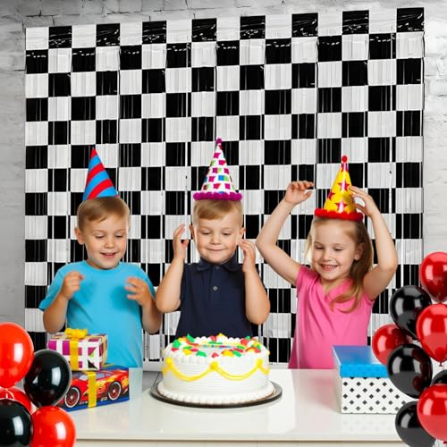 Riomhorry Birthday Party Streamers Decorations, Photo Booth Props Backdrops Decorations, Black and White Checkered Foil Fringe Decor Supplies for Race Car Theme Party - Image 5