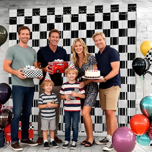 Riomhorry Birthday Party Streamers Decorations, Photo Booth Props Backdrops Decorations, Black and White Checkered Foil Fringe Decor Supplies for Race Car Theme Party - Image 4