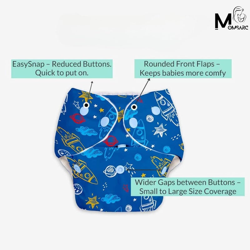 MOMSARC Leakage-Proof Reusable Cloth Diapers for Babies | High-Absorbent Diapers with Bamboo Cotton + 6 Insert Pads | Washable, Adjustable, Free Size | Eco-Friendly Baby Nappies (Combo Pack 6) - Image 2