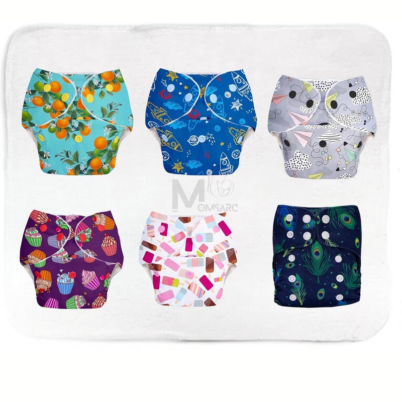 MOMSARC Leakage-Proof Reusable Cloth Diapers for Babies | High-Absorbent Diapers with Bamboo Cotton + 6 Insert Pads | Washable, Adjustable, Free Size | Eco-Friendly Baby Nappies (Combo Pack 6) - Image 1