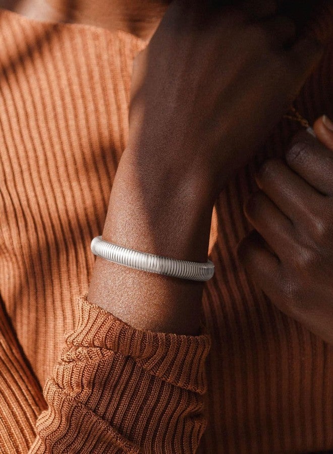 U7 Stainless Steel Stretch Bangle Bracelets for Women, 10mm Wide Band Bracelet, Silver Wristband Cuff Bracelets - Image 3