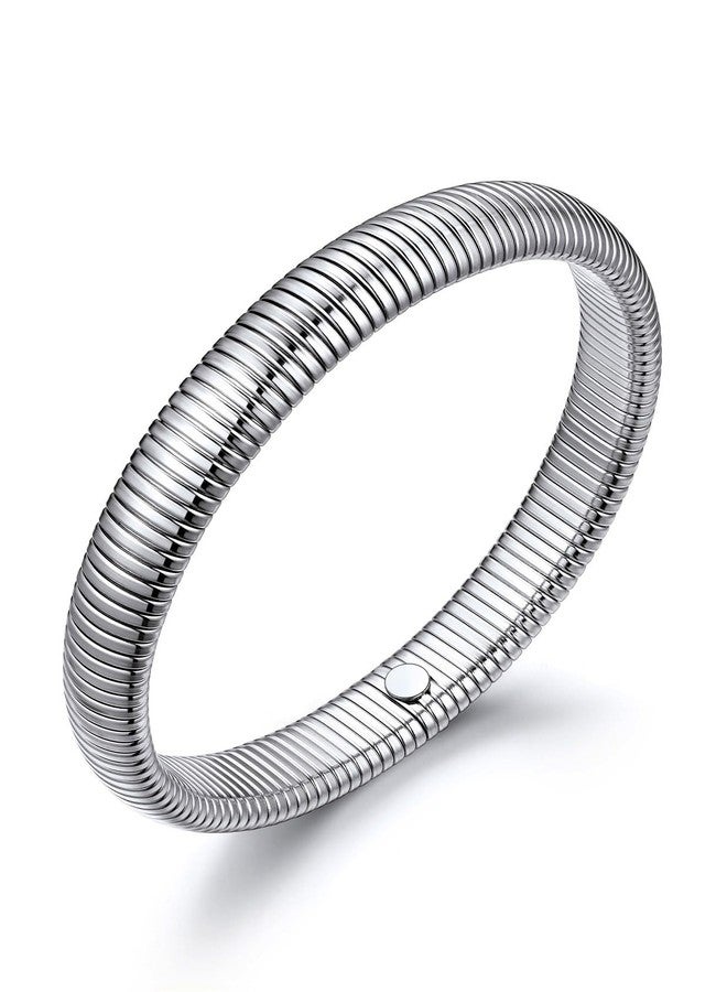 U7 Stainless Steel Stretch Bangle Bracelets for Women, 10mm Wide Band Bracelet, Silver Wristband Cuff Bracelets - Image 1
