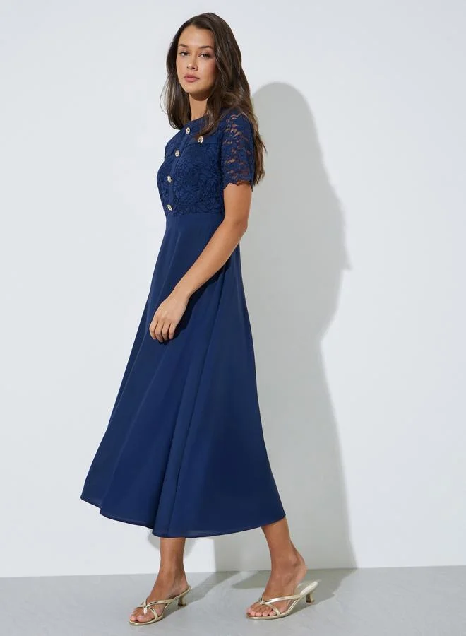Navy Blue Lace and Button Details A-Line Midi Dress