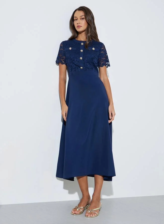Styli  Navy Blue Lace and Button Details A-Line Midi Dress for Women | Best Price UAE