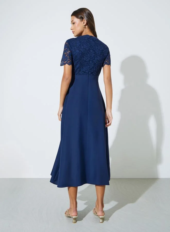 Styli  Navy Blue Lace and Button Details A-Line Midi Dress for Women | Best Price UAE
