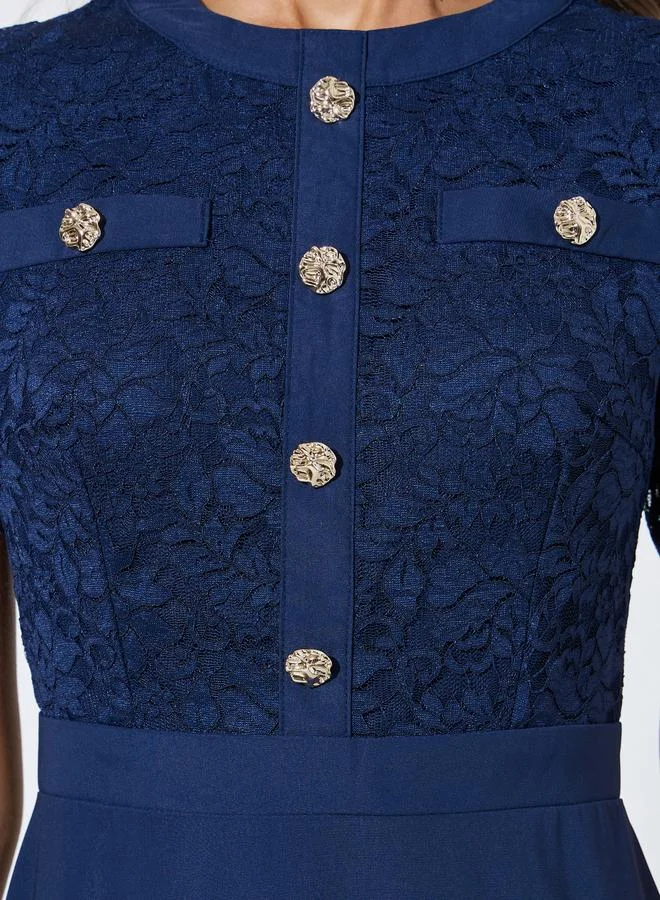 Styli  Navy Blue Lace and Button Details A-Line Midi Dress for Women | Best Price UAE