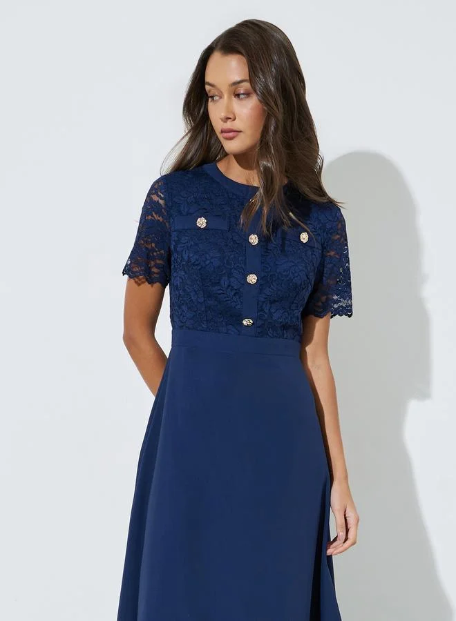 Styli Navy Blue Lace and Button Details A-Line Midi Dress