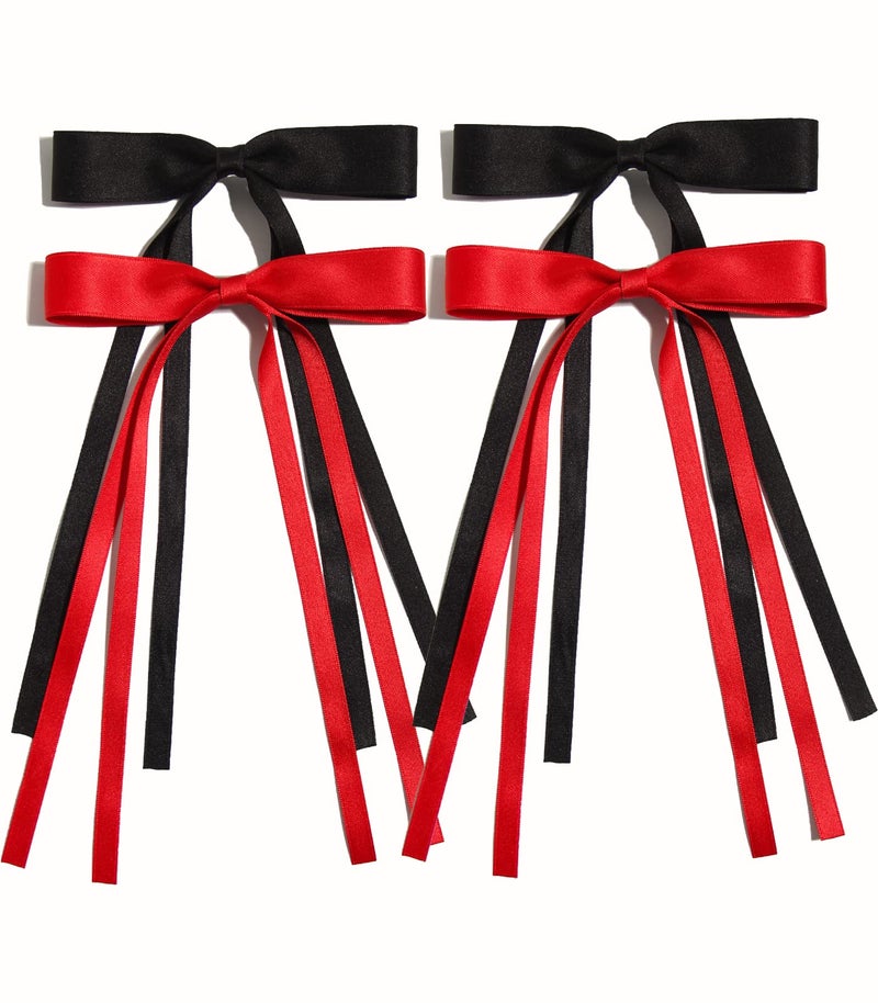 4pcs Ribbon Bowknot Hair Clips for Women with Long Tails Solid Barrettes Claw Accessories in Black Red