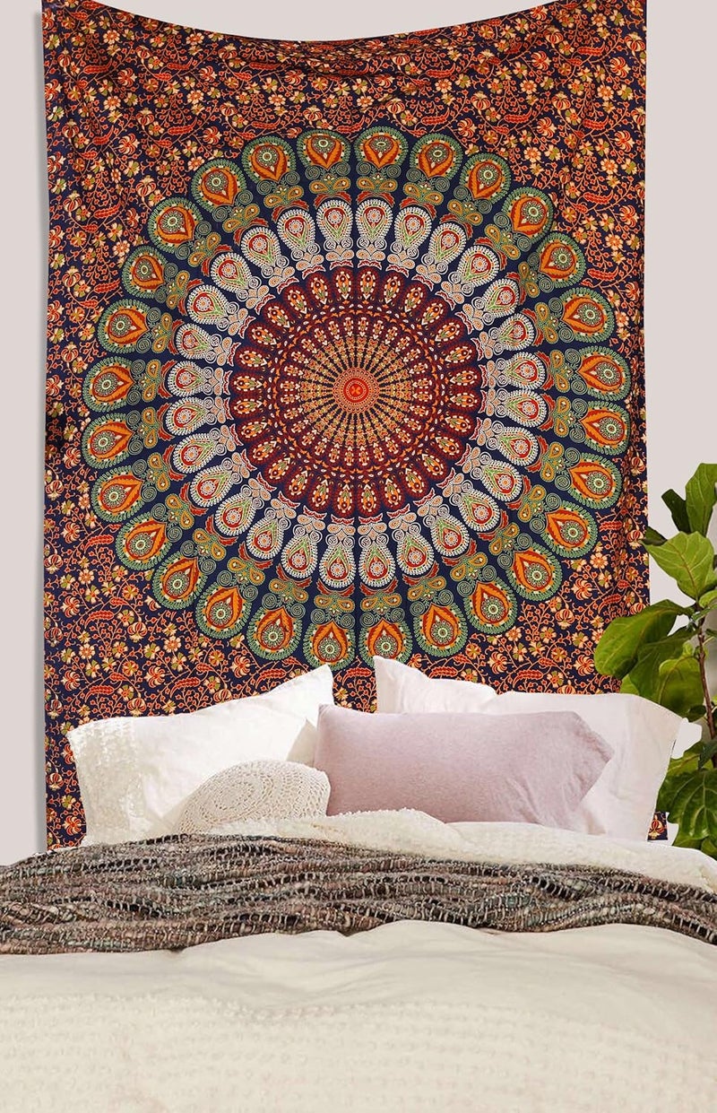 PURE COMFORT 100 Cotton Mandala King Size Tapestry Bedsheet with 2 Pillow Covers Floral with Peacock Feathers Printed Design Blue and Orange King - Image 2