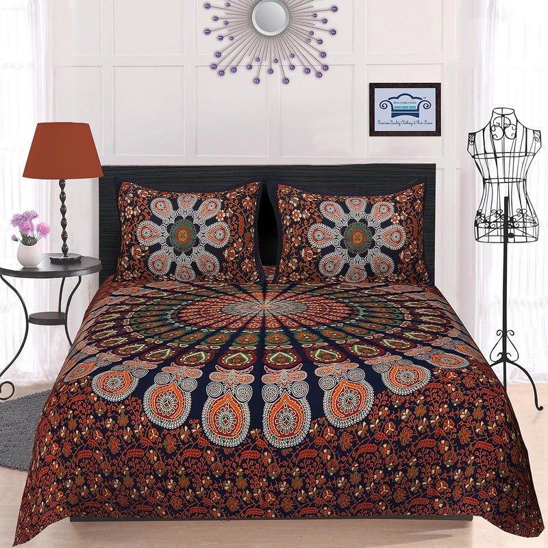 PURE COMFORT 100 Cotton Mandala King Size Tapestry Bedsheet with 2 Pillow Covers Floral with Peacock Feathers Printed Design Blue and Orange King - Image 3