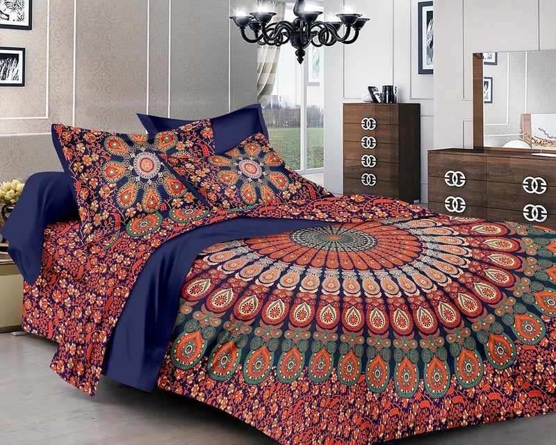 PURE COMFORT 100 Cotton Mandala King Size Tapestry Bedsheet with 2 Pillow Covers Floral with Peacock Feathers Printed Design Blue and Orange King - Image 1