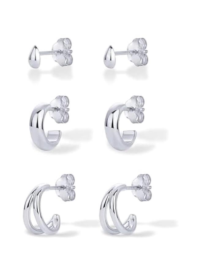 PAVOI 14K-18K Yellow Gold Plated Sterling Silver Posts Three Pairs Small Hoop Earrings for Women - Statement Gold Hoop Earrings Set - Cubic Zirconia Rope Teardrop Chunky Huggie Earscape Piercings  - Image 2