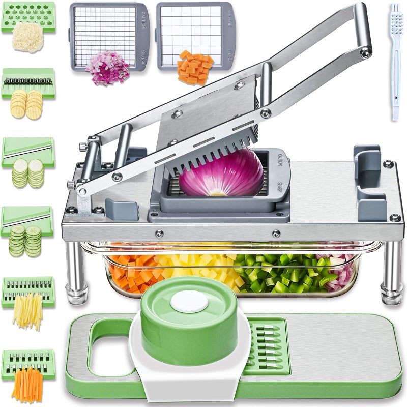 Moeuonb All-in-1 Vegetable Chopper with 8 Blades - Mandoline Slicer-Pro Food Chopper with Container - Veggie Salad Onion Chopper - Potato Dicer French Fry Cutter - Cheese Grater - Stainless Steel material - Image 1