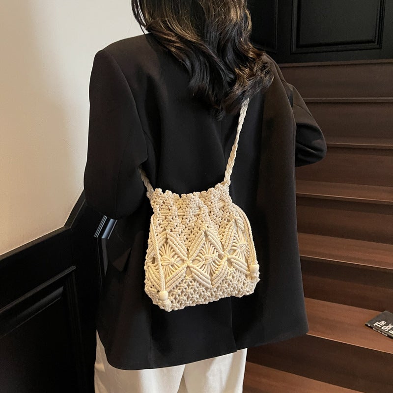 Woven Cotton Rope Bag For Women, Xia Sen Meng Fashion Niche Design Crossbody Bucket Bag, Hollow Beach Bag - Image 1