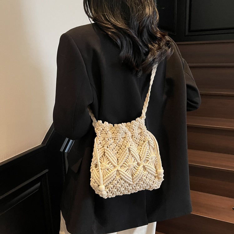 Woven Cotton Rope Bag For Women, Xia Sen Meng Fashion Niche Design Crossbody Bucket Bag, Hollow Beach Bag - Image 3