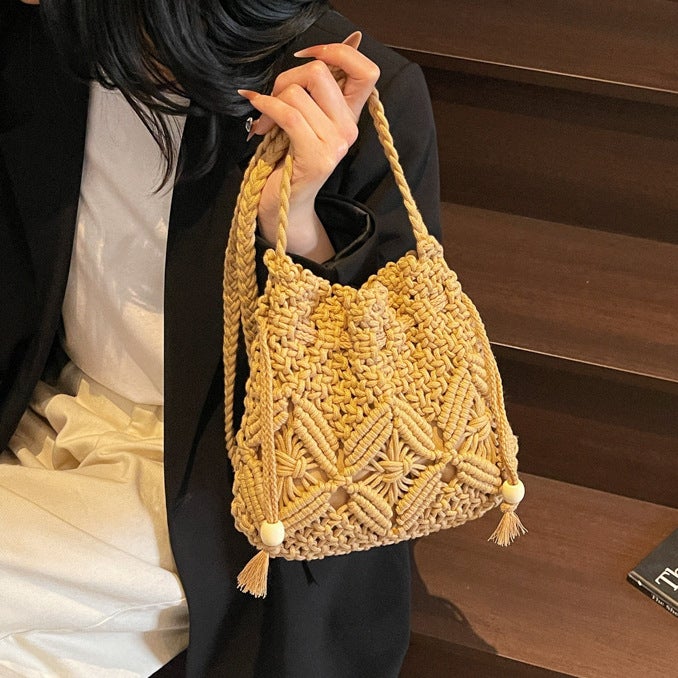 Woven Cotton Rope Bag For Women, Xia Sen Meng Fashion Niche Design Crossbody Bucket Bag, Hollow Beach Bag - Image 2