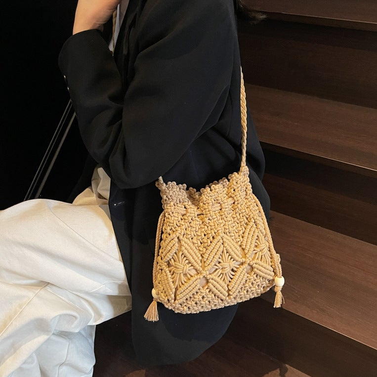 Woven Cotton Rope Bag For Women, Xia Sen Meng Fashion Niche Design Crossbody Bucket Bag, Hollow Beach Bag - Image 4