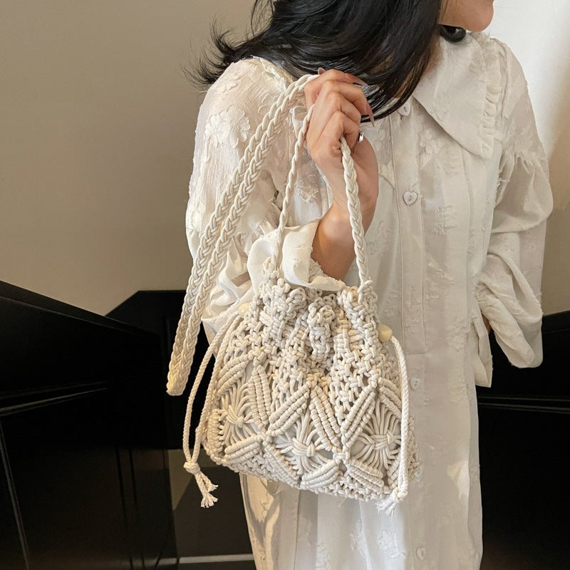 Woven Cotton Rope Bag For Women, Xia Sen Meng Fashion Niche Design Crossbody Bucket Bag, Hollow Beach Bag - Image 5