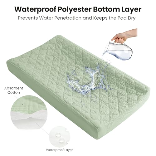 Konssy Waterproof Muslin Changing Pad Cover 2 Pack Quilted Cotton Fitted Diaper Changing Table Cover Soft Changing Pad Sheets for Girls Boys Woodland Sage - Image 3