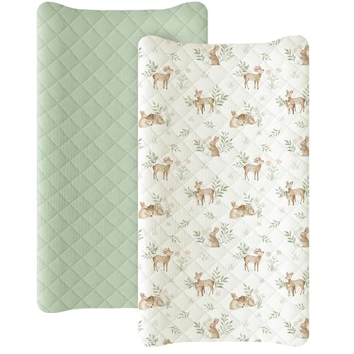 Konssy Waterproof Muslin Changing Pad Cover 2 Pack Quilted Cotton Fitted Diaper Changing Table Cover Soft Changing Pad Sheets for Girls Boys Woodland Sage - Image 1