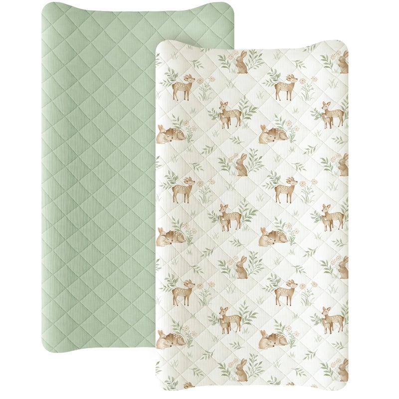 Konssy Waterproof Muslin Changing Pad Cover 2 Pack Quilted Cotton Fitted Diaper Changing Table Cover Soft Changing Pad Sheets for Girls Boys Woodland Sage - Image 2