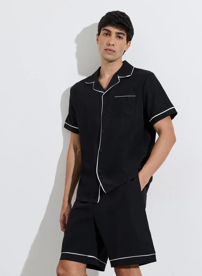 Styli Black Solid Contrast Trims Shirt and Shorts Pyjama Set