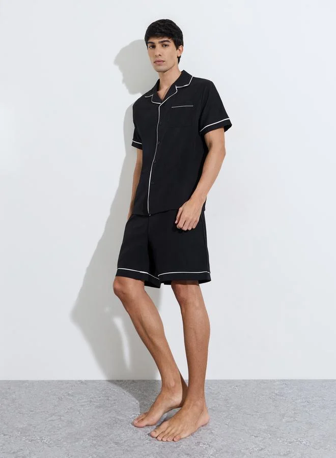Black Solid Contrast Trims Shirt and Shorts Pyjama Set