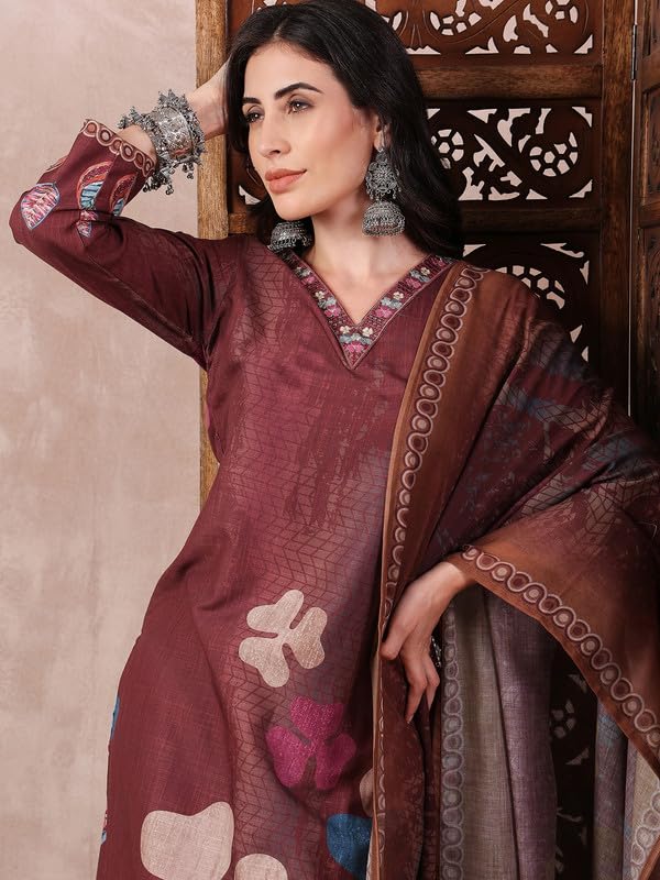 Vaamsi كورتا بناتي مزخرف مزهر مستقيم مع بنطلون ودوبيتا (PKSKD2552BRN_3XL_Brown) - Image 3