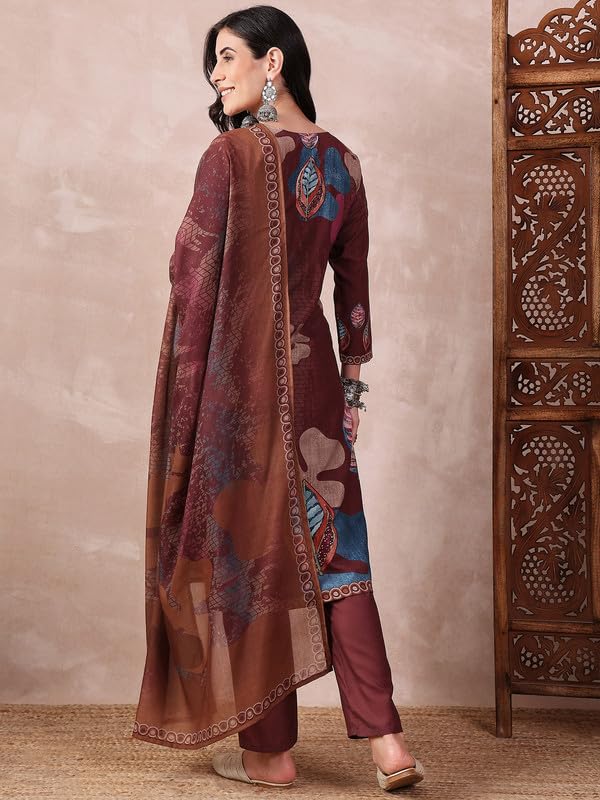 Vaamsi كورتا بناتي مزخرف مزهر مستقيم مع بنطلون ودوبيتا (PKSKD2552BRN_3XL_Brown) - Image 2
