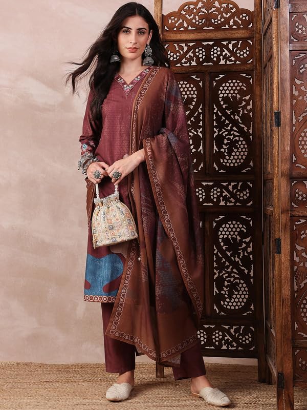 Vaamsi كورتا بناتي مزخرف مزهر مستقيم مع بنطلون ودوبيتا (PKSKD2552BRN_3XL_Brown) - Image 4