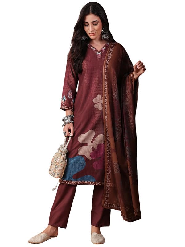Vaamsi كورتا بناتي مزخرف مزهر مستقيم مع بنطلون ودوبيتا (PKSKD2552BRN_3XL_Brown) - Image 1