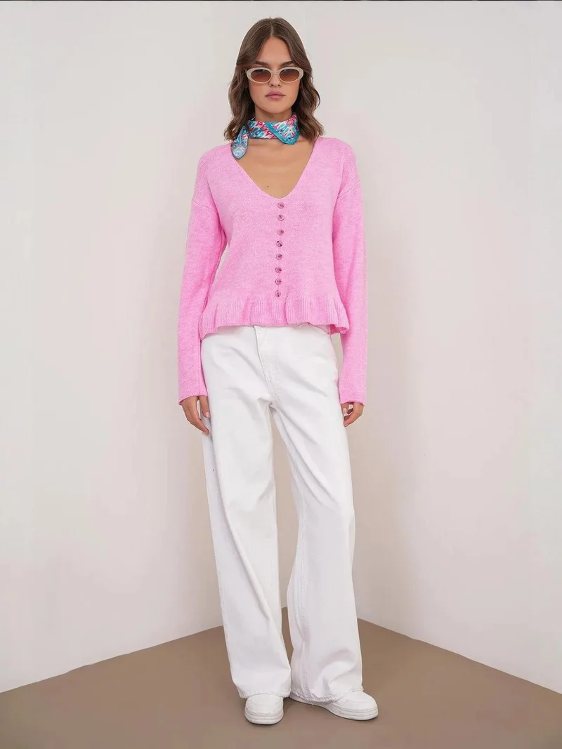 MixRay Mixray Lightweight V-Neck Knit Top with Button Detail