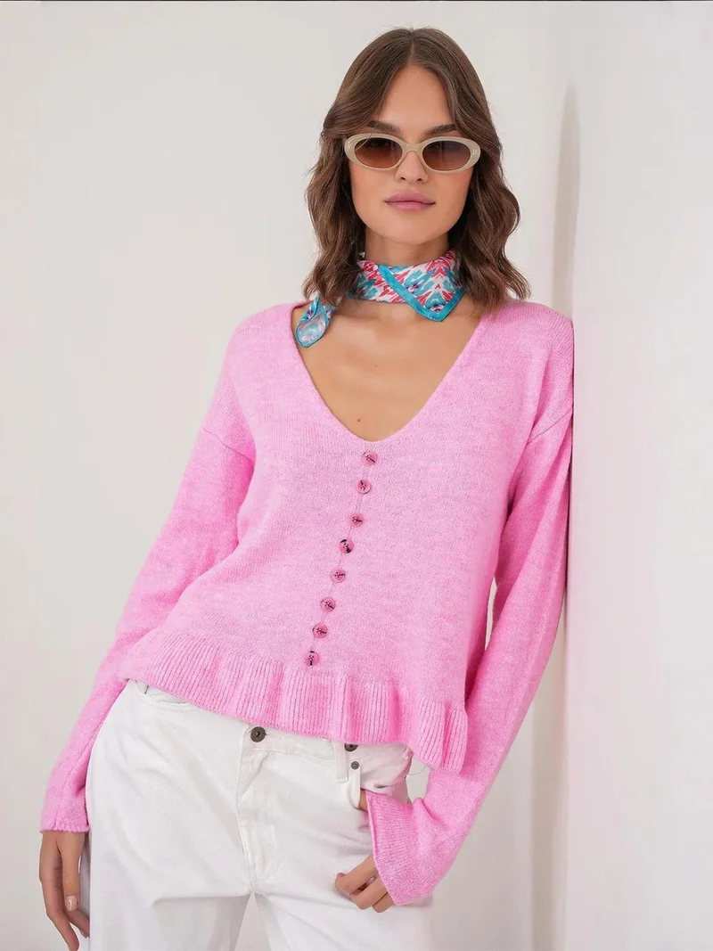 MixRay Mixray Lightweight V-Neck Knit Top with Button Detail