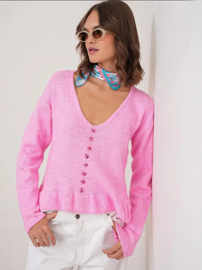 Mixray Powder Pink Mixray Lightweight V-Neck Knit Top with Button Detail for Women | Best Price UAE