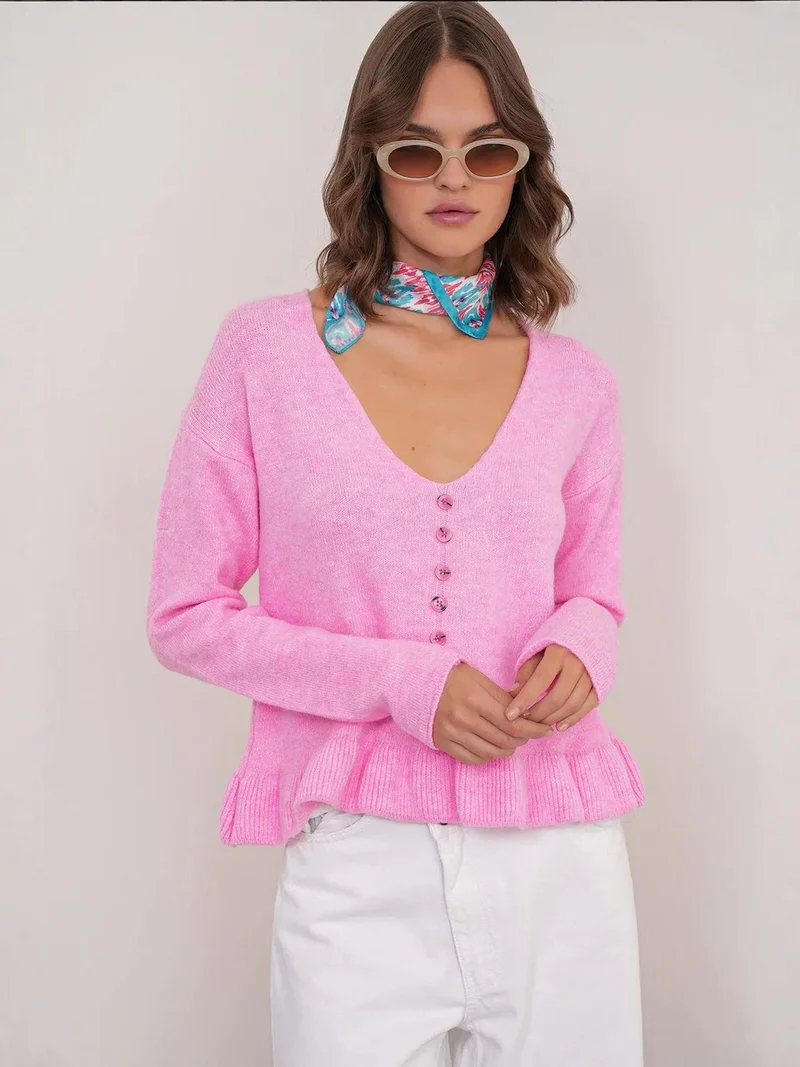 Mixray Powder Pink Mixray Lightweight V-Neck Knit Top with Button Detail for Women | Best Price UAE