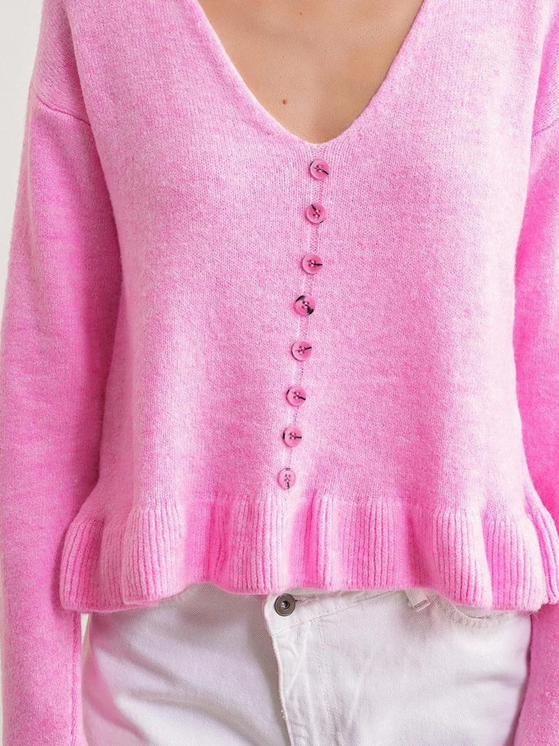 Mixray Powder Pink Mixray Lightweight V-Neck Knit Top with Button Detail for Women | Best Price UAE