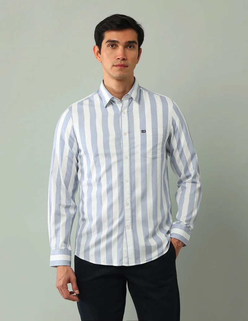Arrow Medium Blue Manhattan Slim Fit Vertical Striped Shirt for Men | Best Price UAE