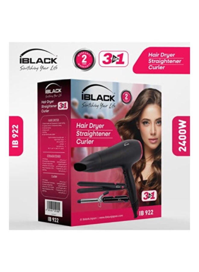 مجموعة تصفيف الشعر iBLACK IB 922 3 في 1 - مجفف شعر بقوة 2400 واط، ومكواة فرد الشعر، ومكواة تجعيد الشعر
