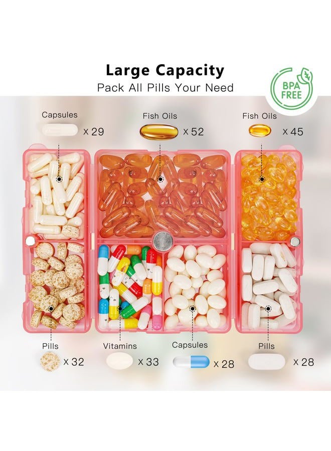 FYY Daily Pill Organizer,7 Compartments Portable Pill Case Travel Pill Organizer,[Folding Design] Large Pill Box for Purse Pocket to Hold Vitamins,Cod Liver Oil,Supplements and Medication-Clear Red - Image 2