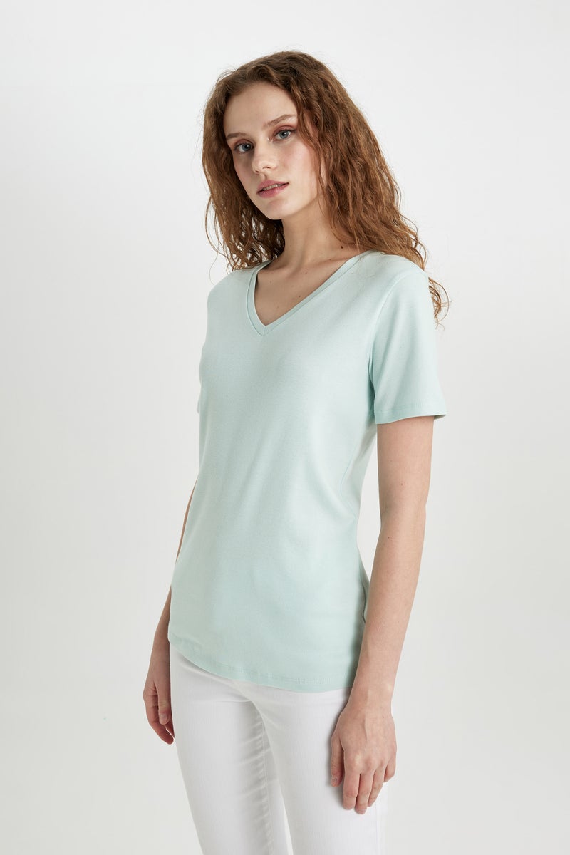 DeFacto Woman Slim Fit V Neck Ribbed Basic T-Shirt - Image 1
