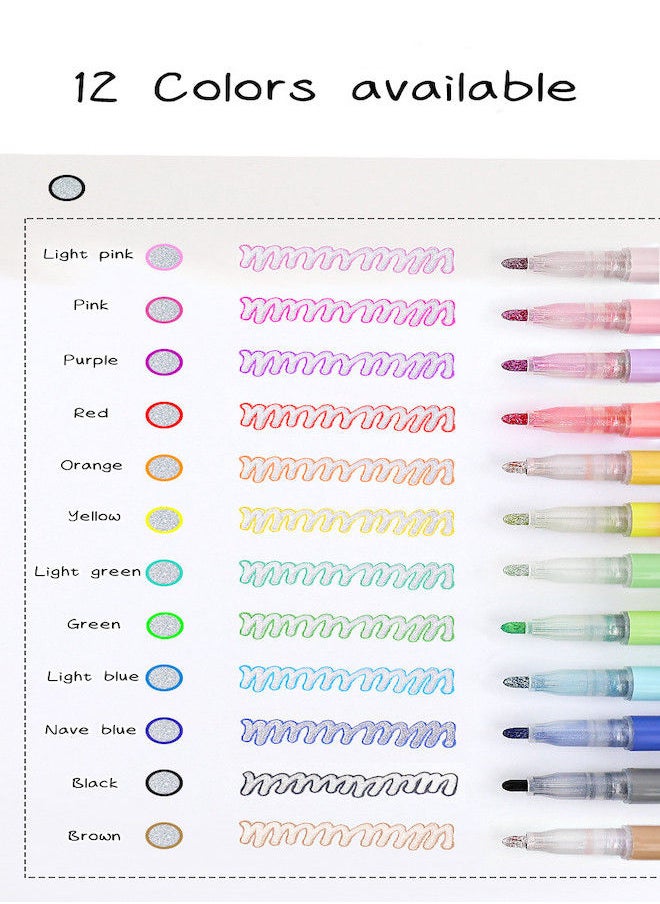 12-Color Double-Line Contour Fluorescent Marker Pen