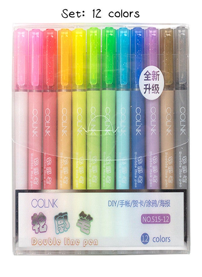 12-Color Double-Line Contour Fluorescent Marker Pen