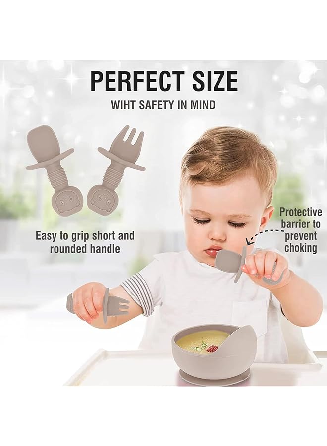 U-HOOME Silicone Baby Feeding Set Led Weaning Supplies With Suction Bowl Divided Plate Toddler Self Feeding Dish Spoons Forks Sippy Cup Adjustable Bib Eating Utensils (Beige) - Image 5