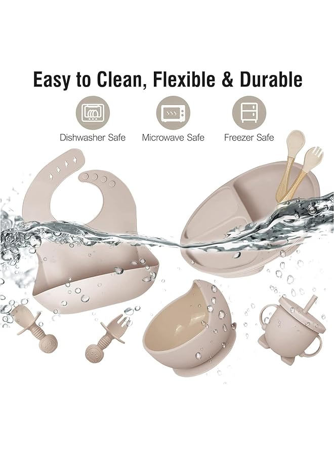 U-HOOME Silicone Baby Feeding Set Led Weaning Supplies With Suction Bowl Divided Plate Toddler Self Feeding Dish Spoons Forks Sippy Cup Adjustable Bib Eating Utensils (Beige) - Image 3